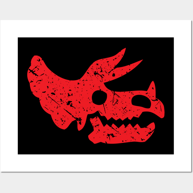 Red Distressed Triceratops Skull Dinosaur Fossil Wall Art by Elvdant